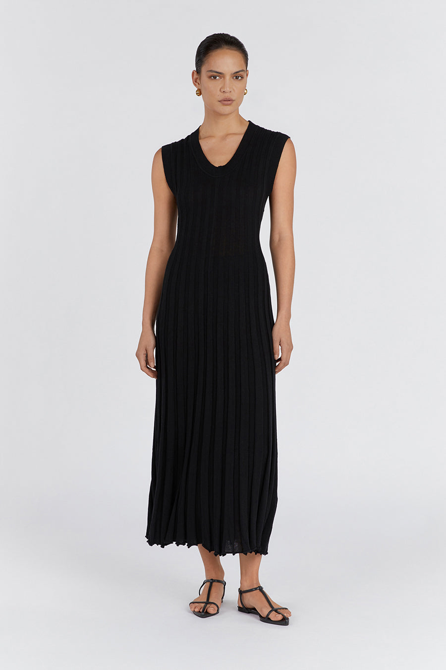 Astrid Black Scoop Neck Midi Dress - Stretchy Knit with Adjustable Tie