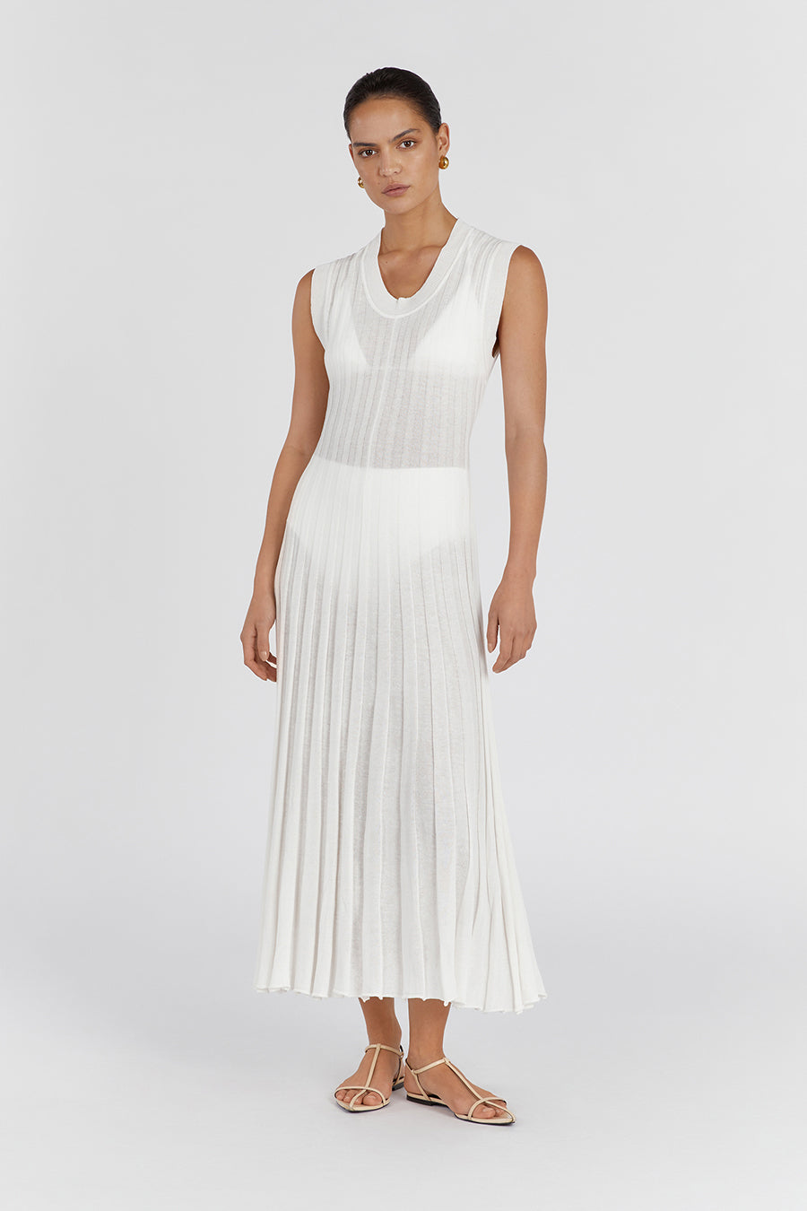 Astrid Off White Scoop Neck Midi Dress with Adjustable Back Tie