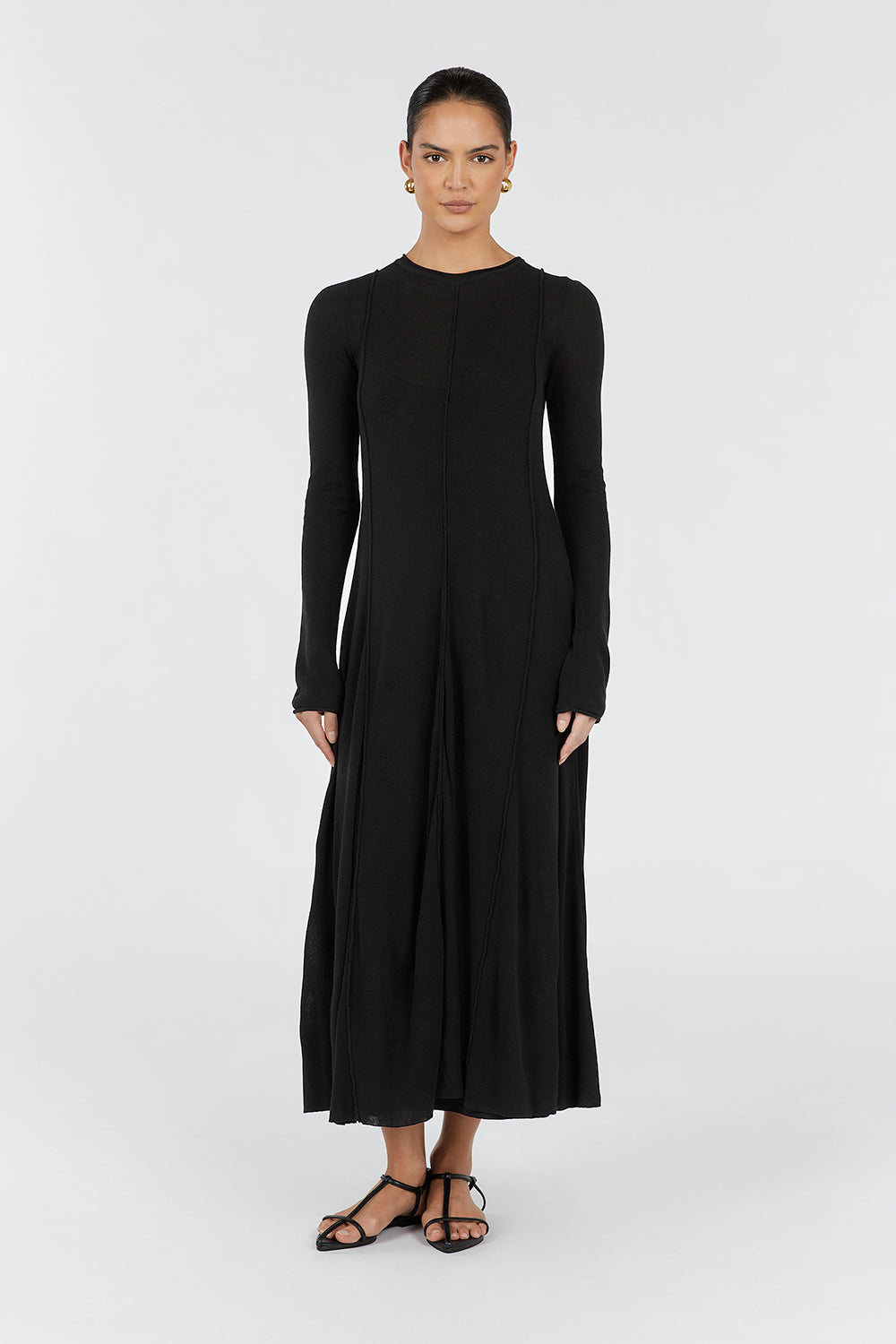 Parker Black Linen Blend Long Sleeve Midi Dress with Slip Lining