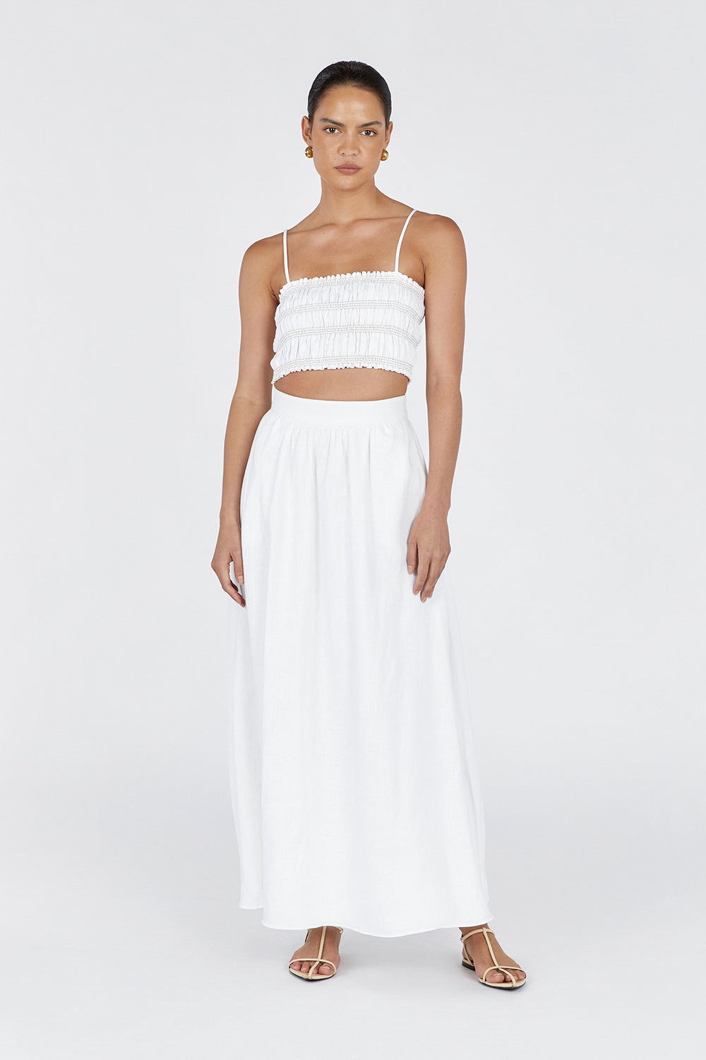 Bianca White Linen Shirred Sleeveless Top with Adjustable Straps