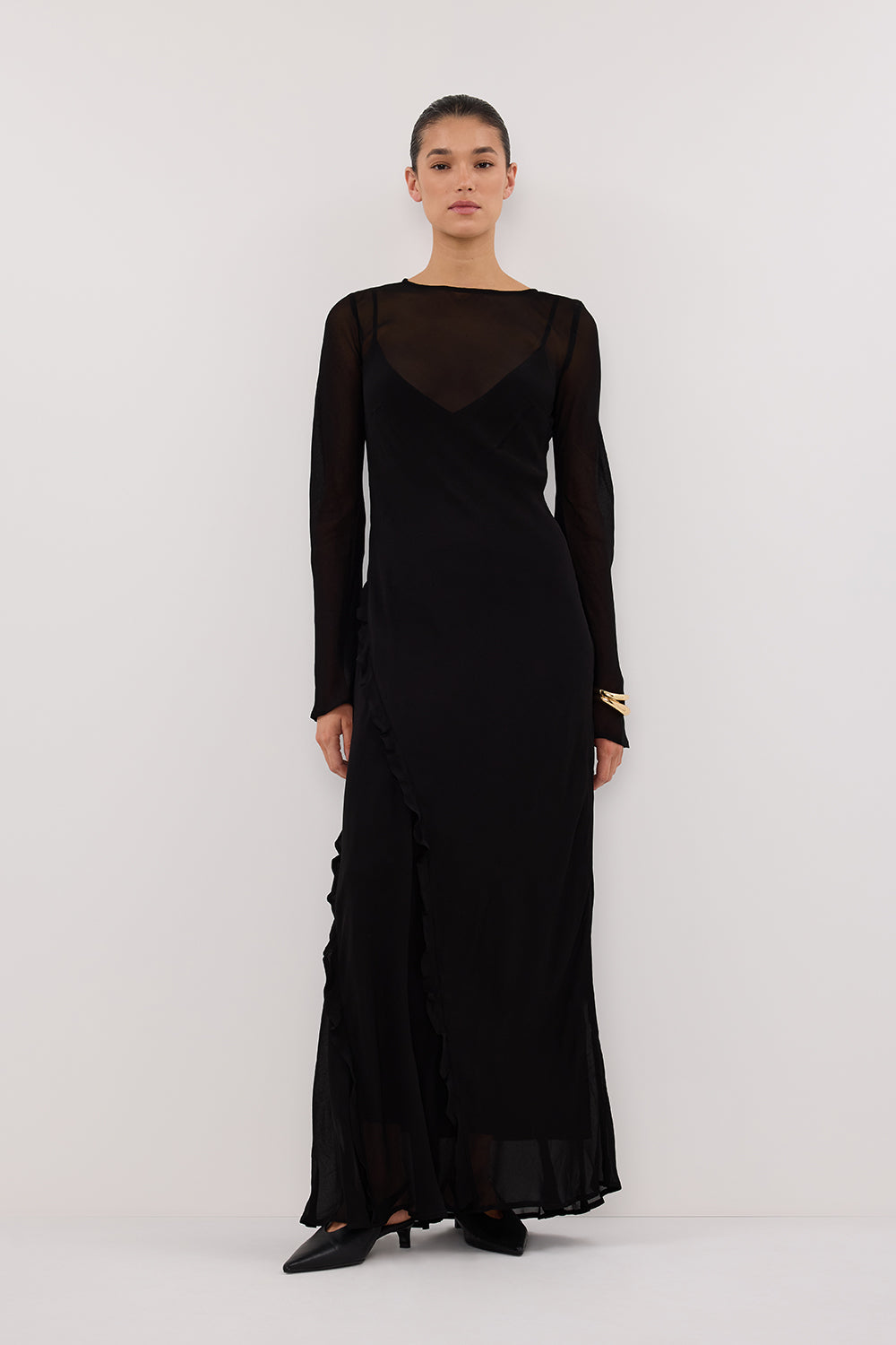 Black Long Sleeve Maxi Dress with Ruffle Detail & Keyhole Back