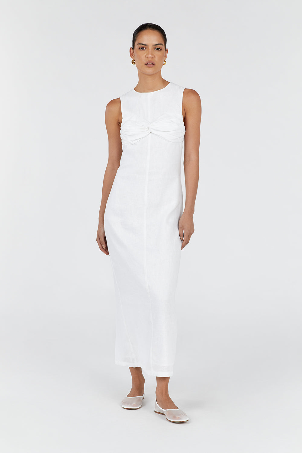 Bertie White Linen Midi Dress - Sleeveless with Twist Bust Detail