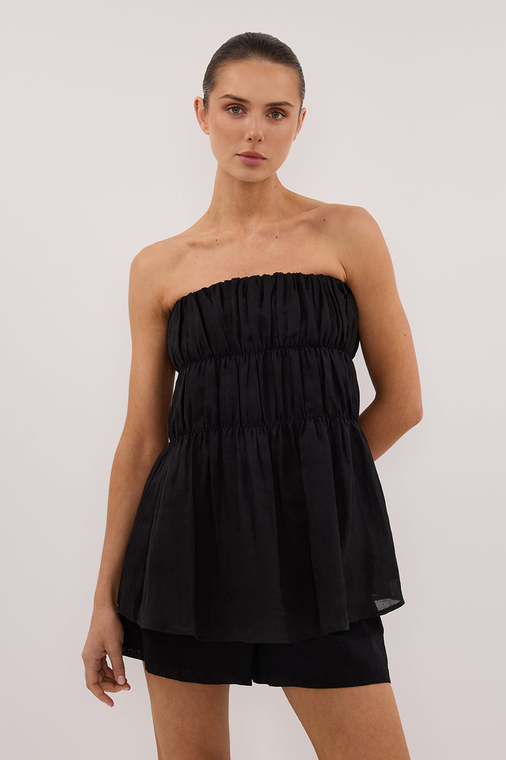 Artie Black Ramie Strapless Tiered Top with Shirring Elastic