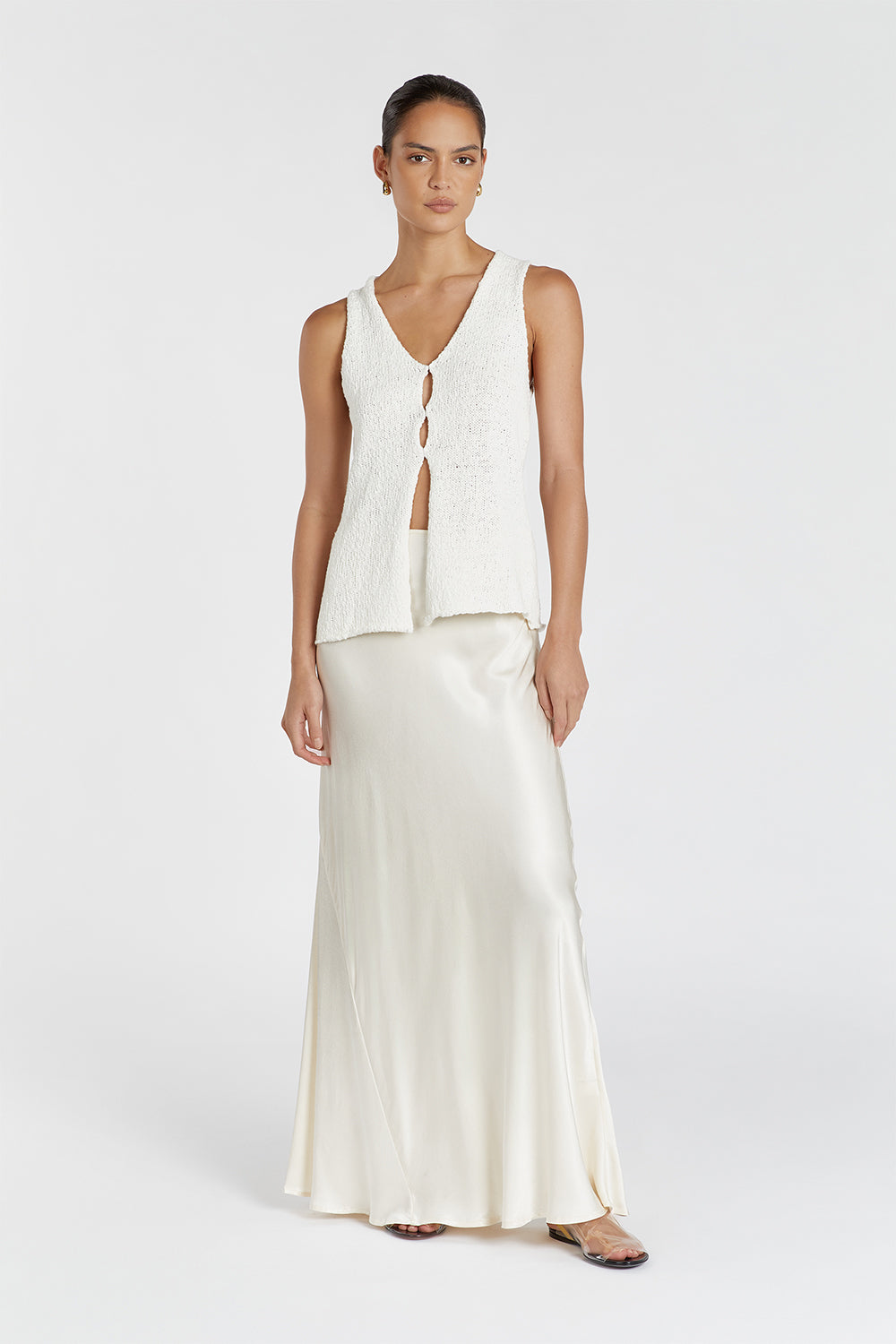 Dion Boucle Knit Vest - Off White Sleeveless Longline