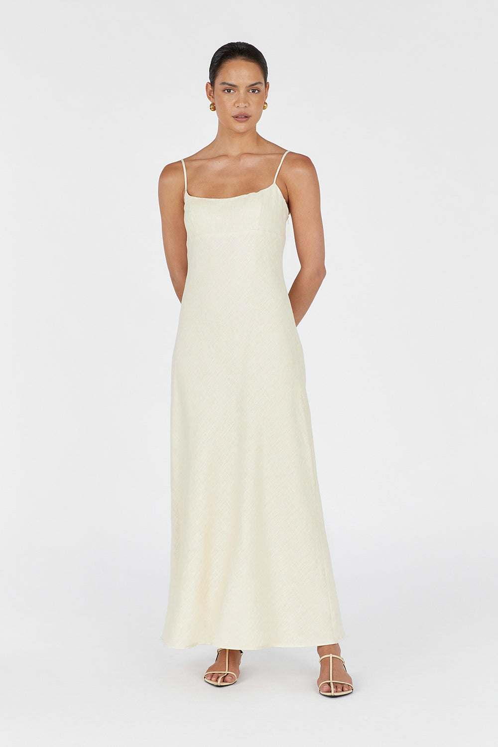 Lucia Buttermilk Linen Midi Dress - Sleeveless, Elastic Back, Lined