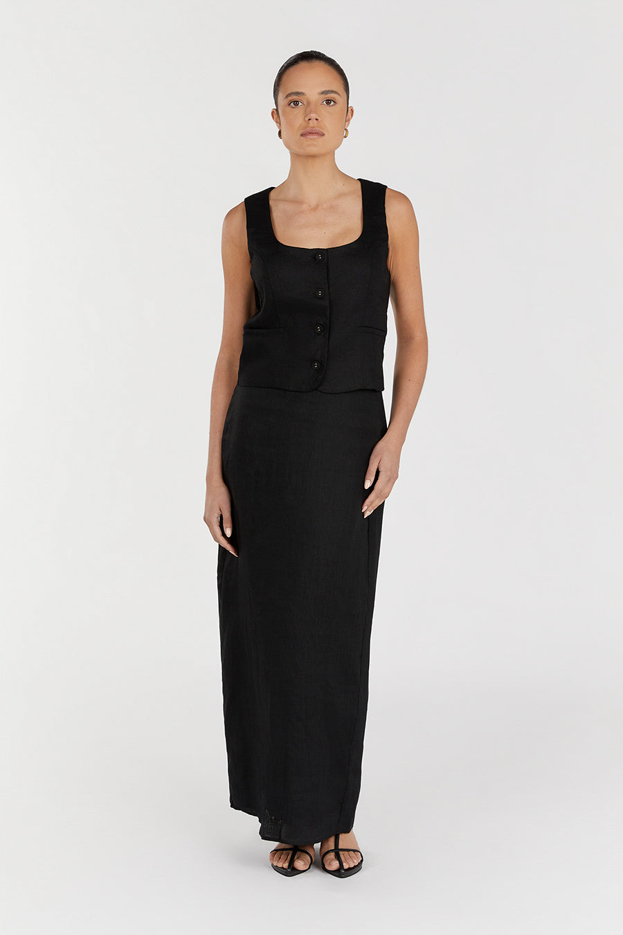 Roberts Black Linen Midi Skirt with Back Elastic & Side Zipper