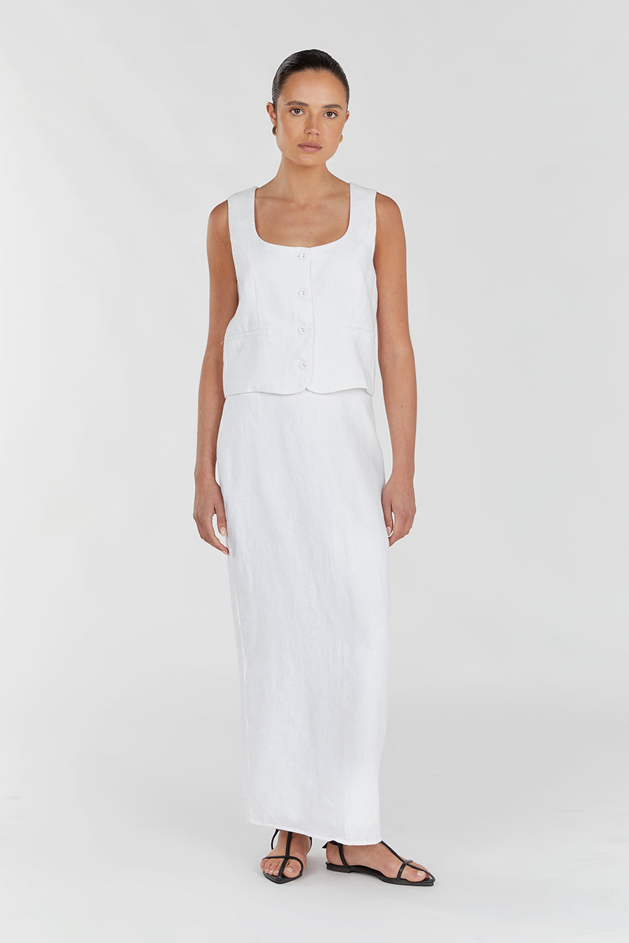 Roberts White Linen Midi Skirt with Back Elastic & Side Zipper