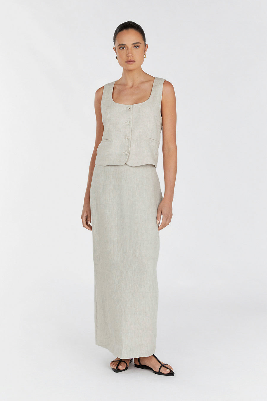Roberts Linen Midi Skirt - High Waist, Elastic Back, Natural Fabric
