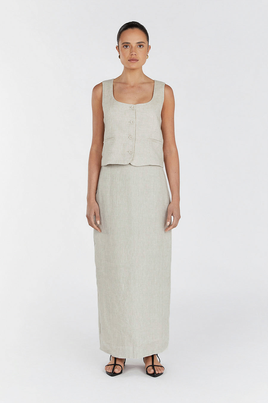 Roberts Linen Midi Skirt - High Waist, Elastic Back, Natural Fabric