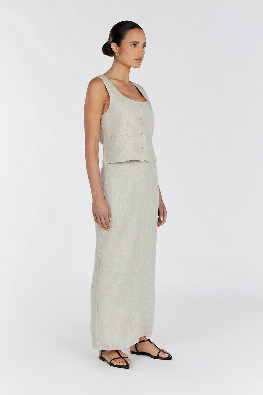 Roberts Linen Midi Skirt - High Waist, Elastic Back, Natural Fabric