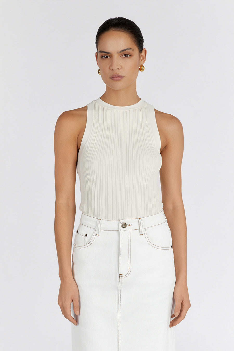Anders Cream Knit Racerback Tank Top - Stretchy Plisse Fabric