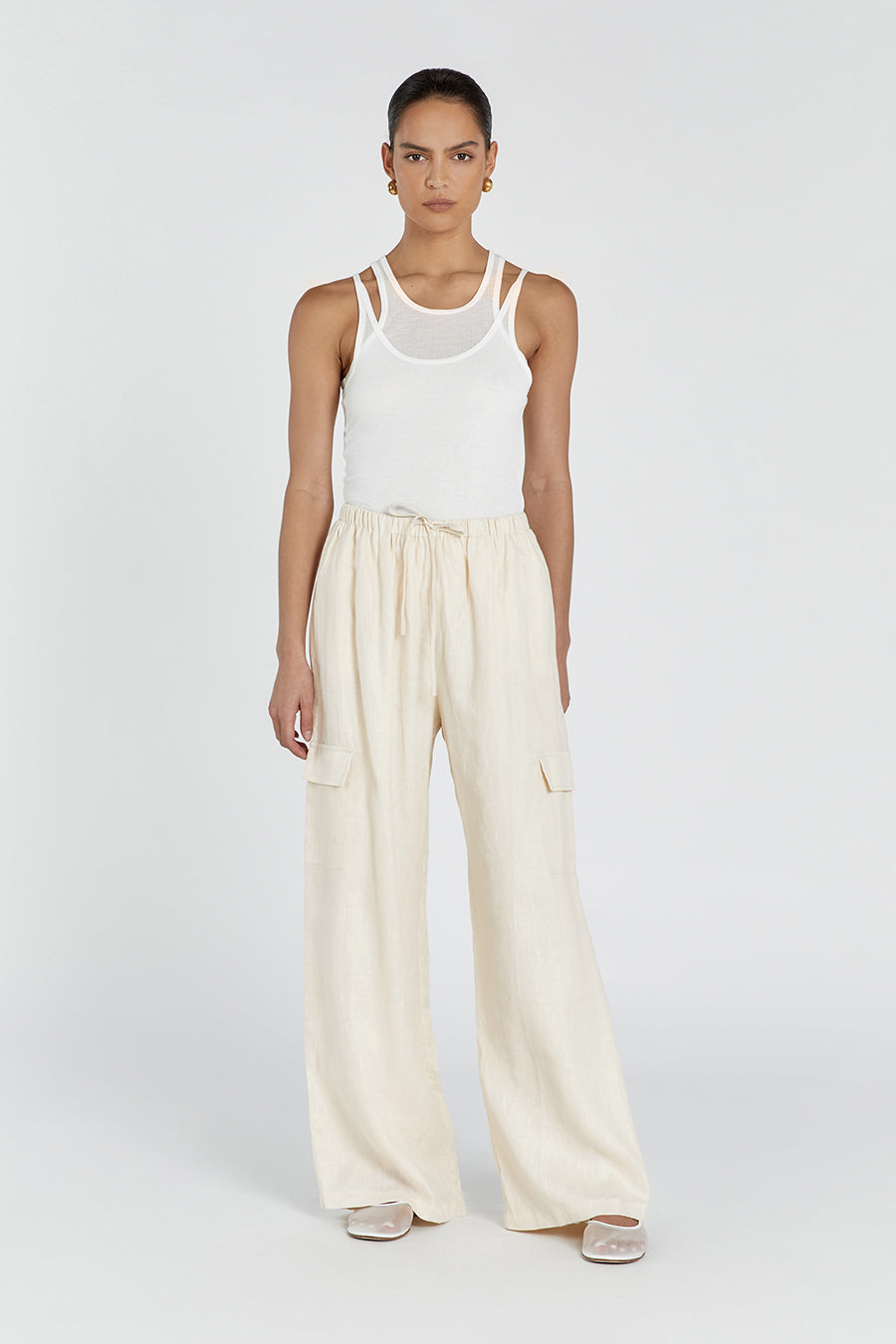 Ingrid Linen Cargo Pants - High Rise Buttermilk with Pockets