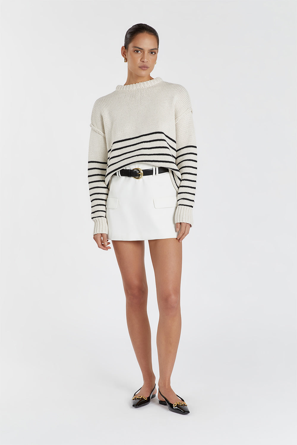 Camille Stone Stripe Cropped Jumper - Relaxed Long Sleeve Crew Neck