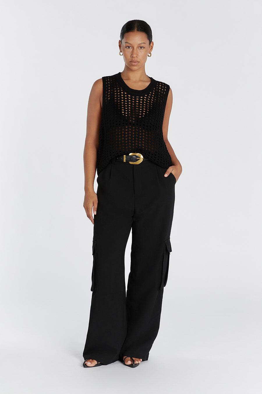 Black Crochet Tank Top - Hunter Geo Open Weave Longline
