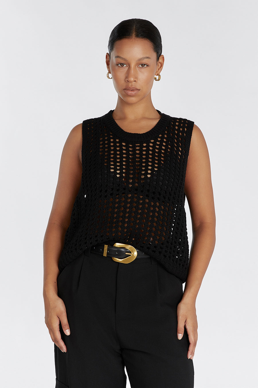 Black Crochet Tank Top - Hunter Geo Open Weave Longline