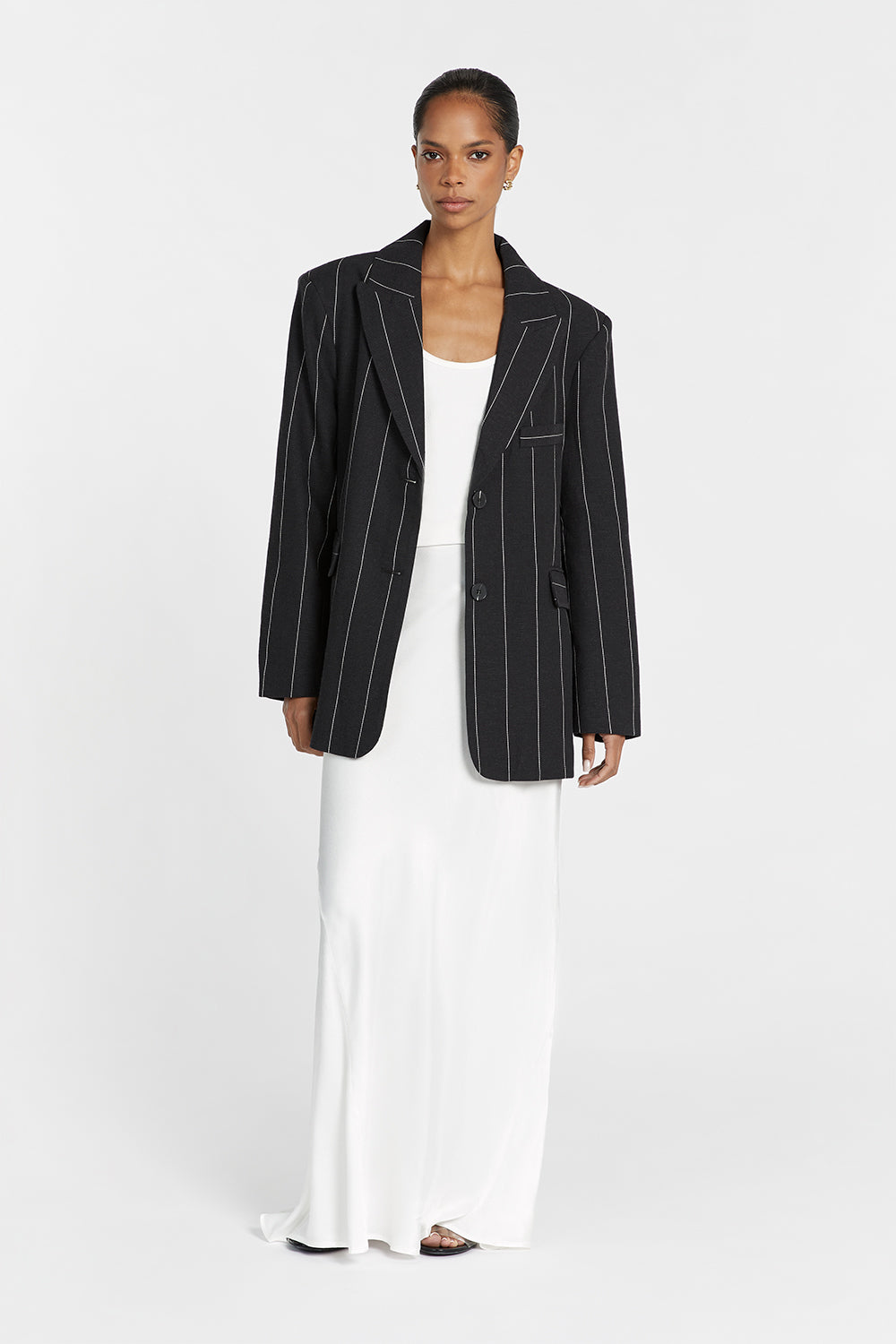 Black Pinstripe Blazer for Men - Oversized Linen Blend with Exaggerated Shoulders