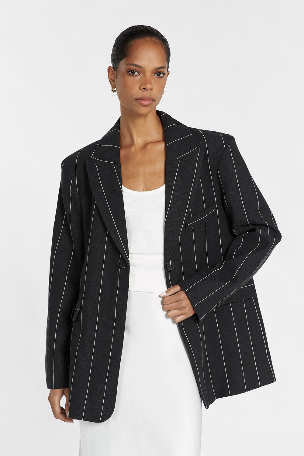 Black Pinstripe Blazer for Men - Oversized Linen Blend with Exaggerated Shoulders