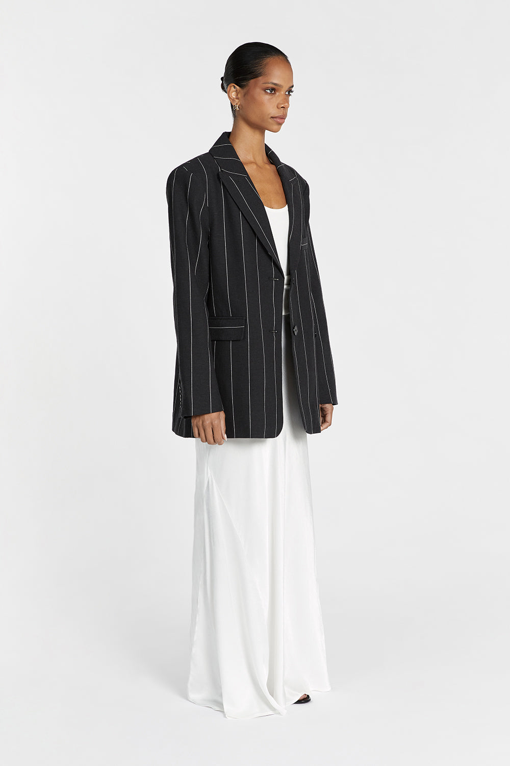 Black Pinstripe Blazer for Men - Oversized Linen Blend with Exaggerated Shoulders