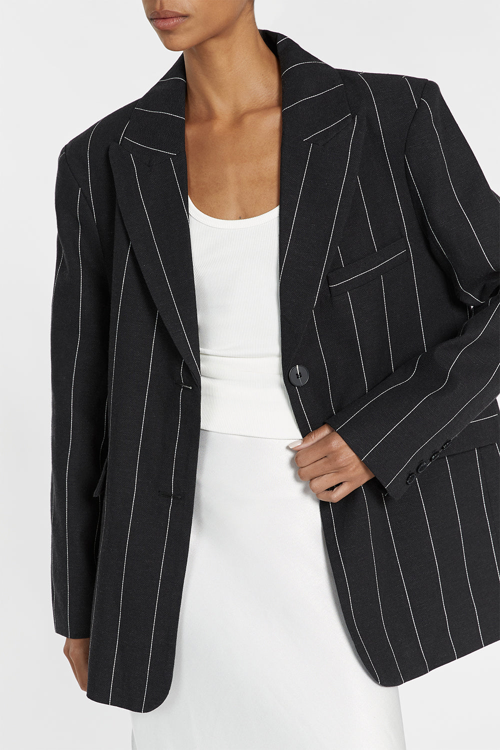 Black Pinstripe Blazer for Men - Oversized Linen Blend with Exaggerated Shoulders