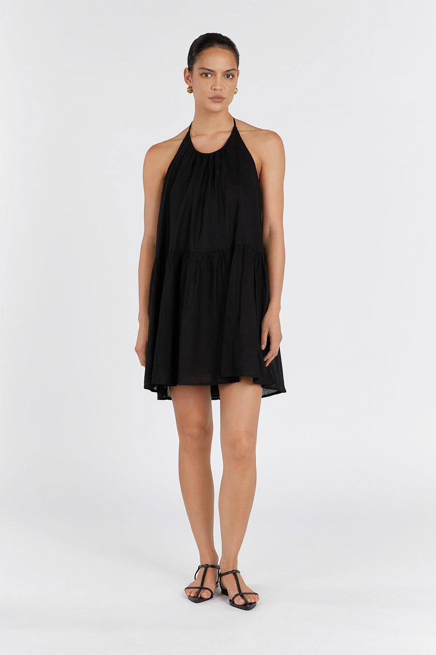ARI Black Linen Halter Mini Dress with Low Back & Tier Detail