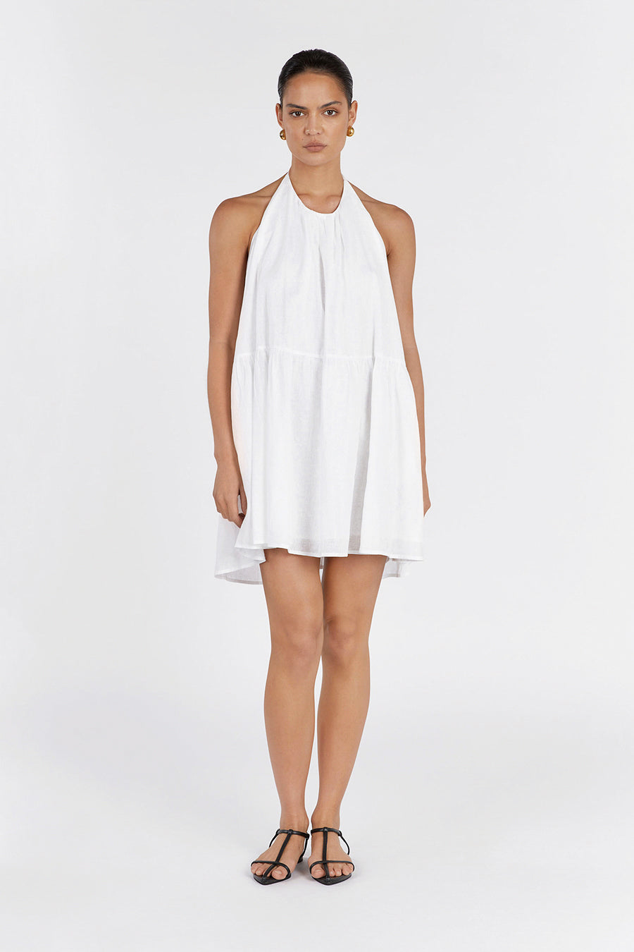 ARI White Linen Halter Mini Dress with Low Back & Tier Detail
