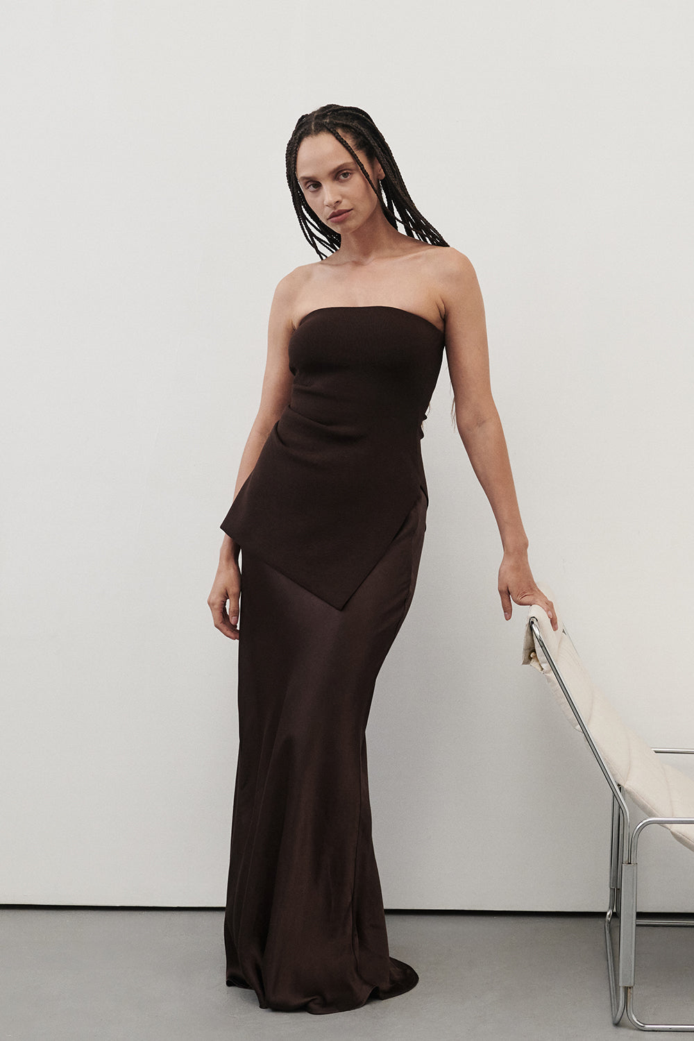 Charli Bitter Chocolate Satin Maxi Skirt with Side Zip