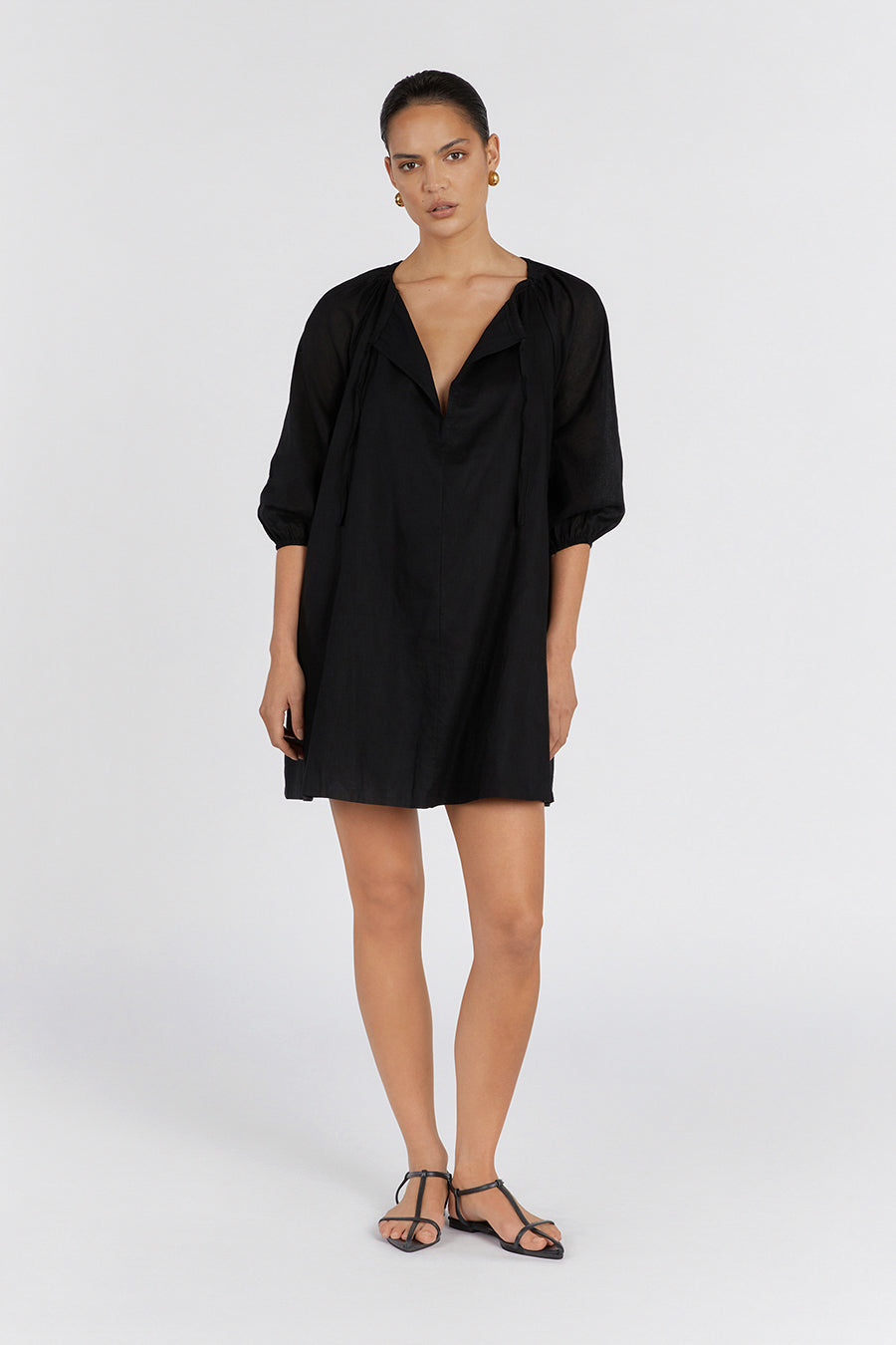 Nadia Black Linen Smock Mini Dress with Side Pockets