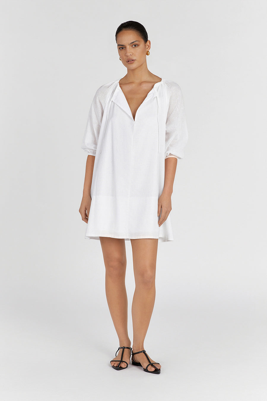 Nadia White Linen Smock Dress with Side Pockets - Mini Length