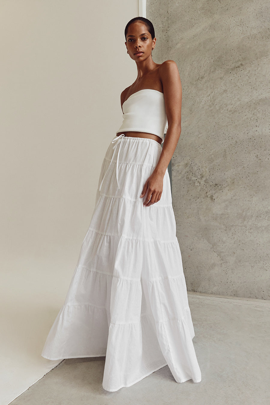 Ari White Linen Tiered Maxi Skirt with Elastic Waistband