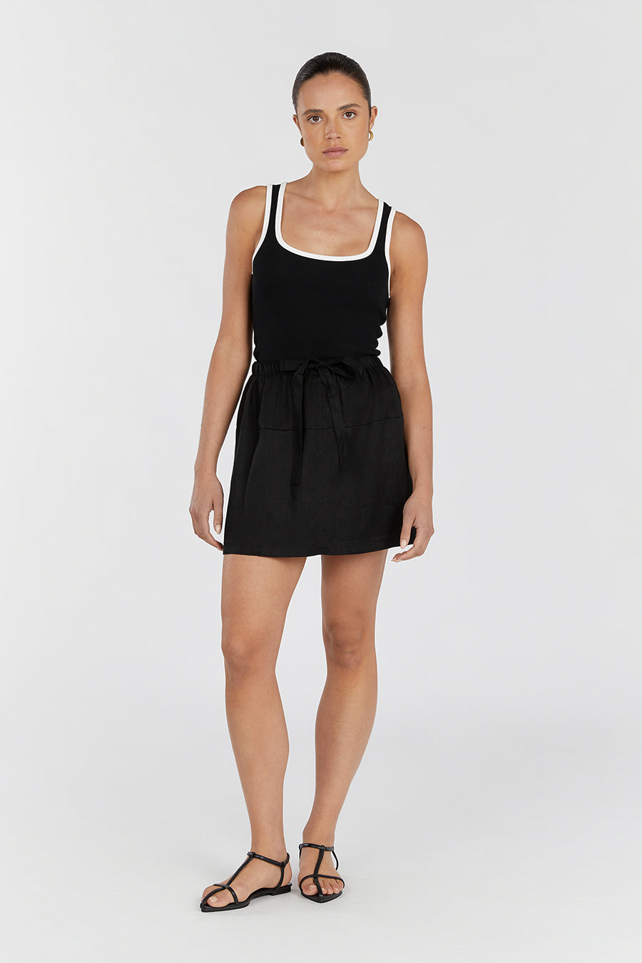 Black Linen Mini Skirt with Elastic Waist & Tie - Ginger