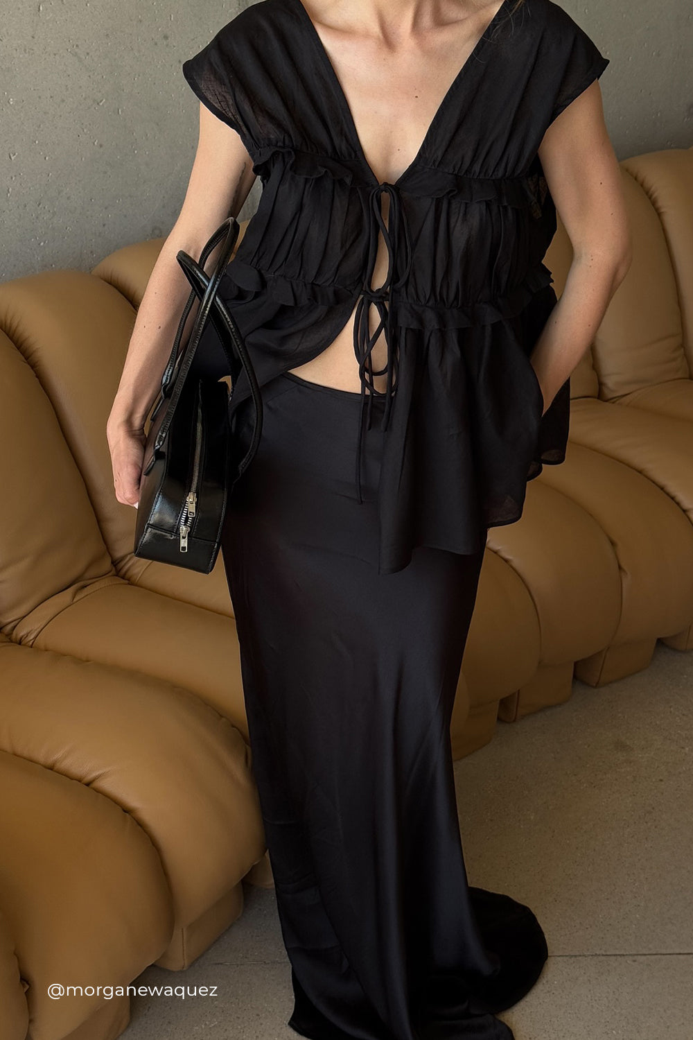 Black Linen Ruffle Top with V-Neck & Adjustable Tie – Quinn