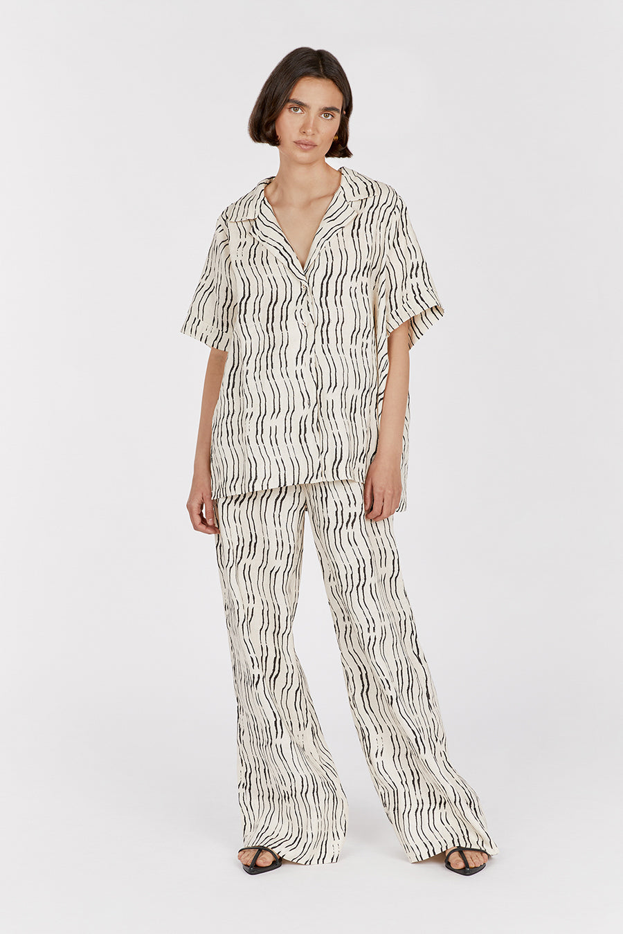 Clair Linen Shirt with Cream Stripe - Short Sleeve Button-Up