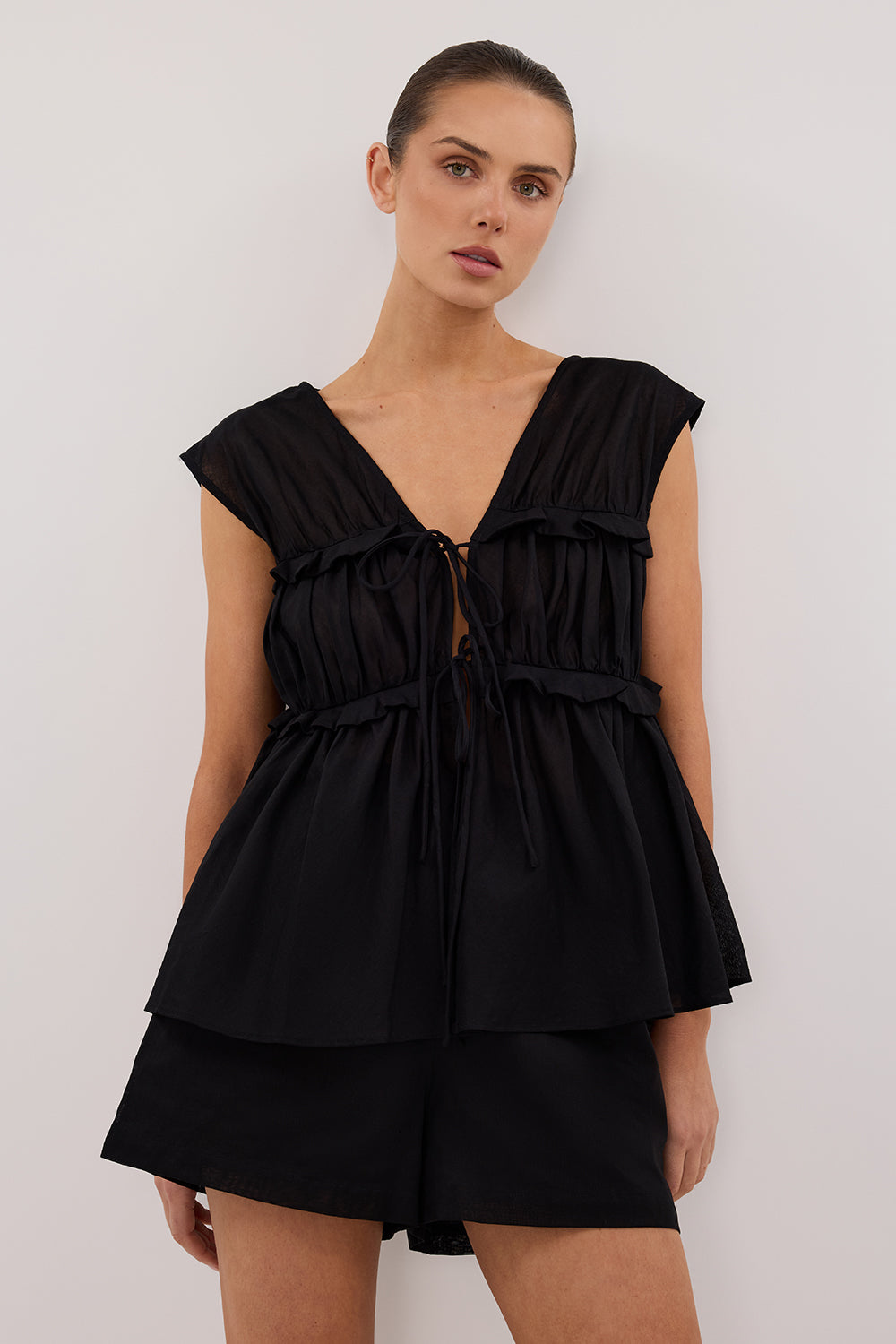 Black Linen Shorts with Elastic Waist & Pockets | DISSH