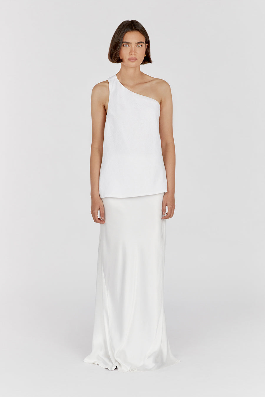 Addison White Linen Asymmetric Shoulder Top