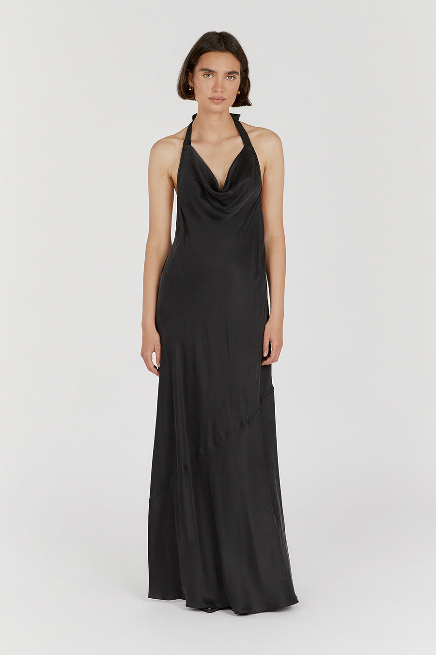 Aimee Black Silk Cowl Neck Midi Dress – Sleeveless Bias Cut