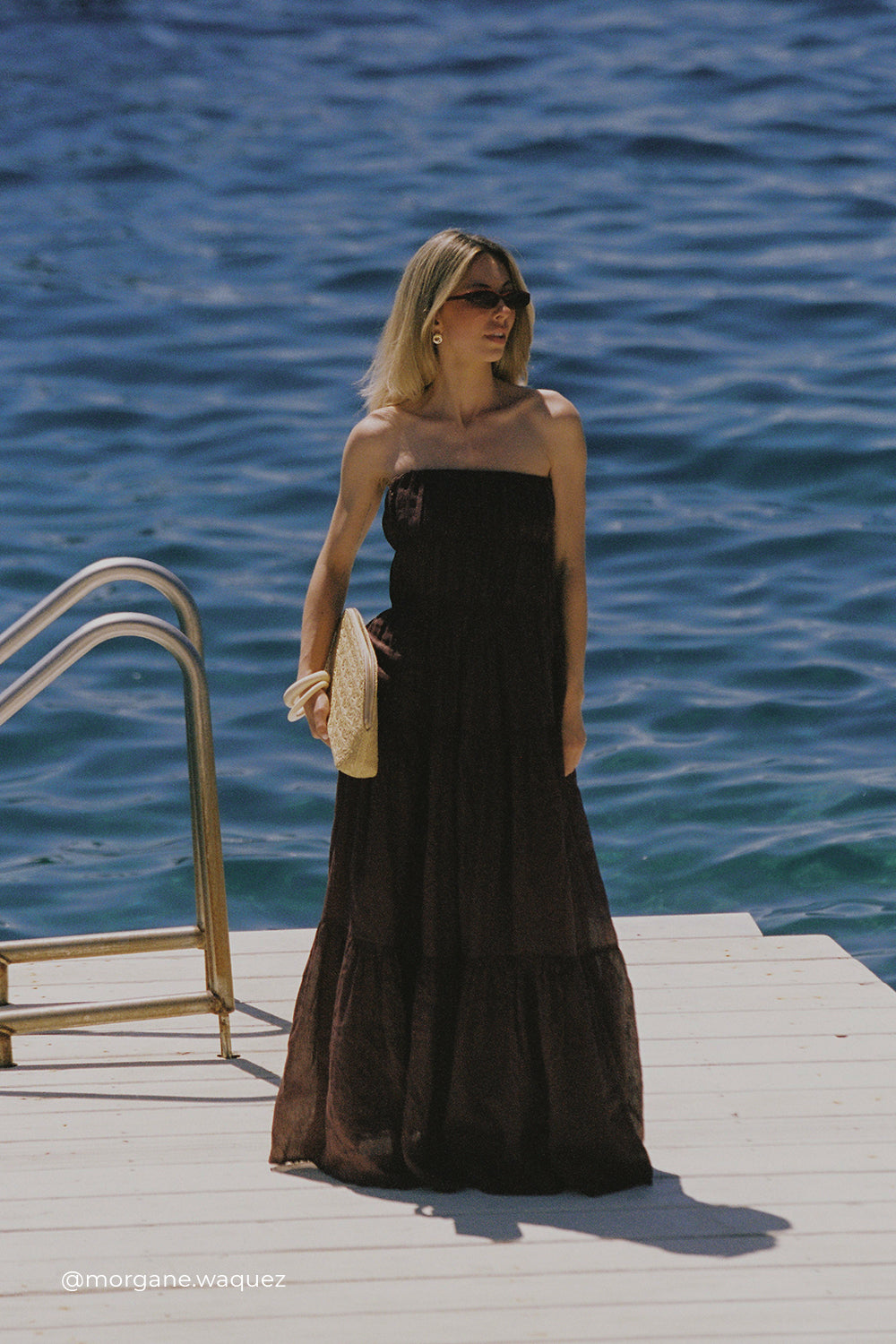 Artie Strapless Ramie Midi Dress with Shirring & Tiered Design