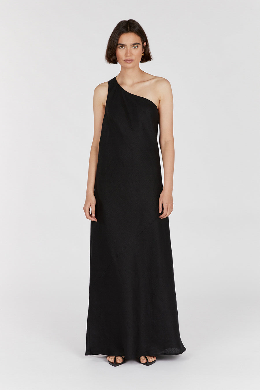 Addison Black Linen Maxi Dress - Asymmetric One Shoulder Design