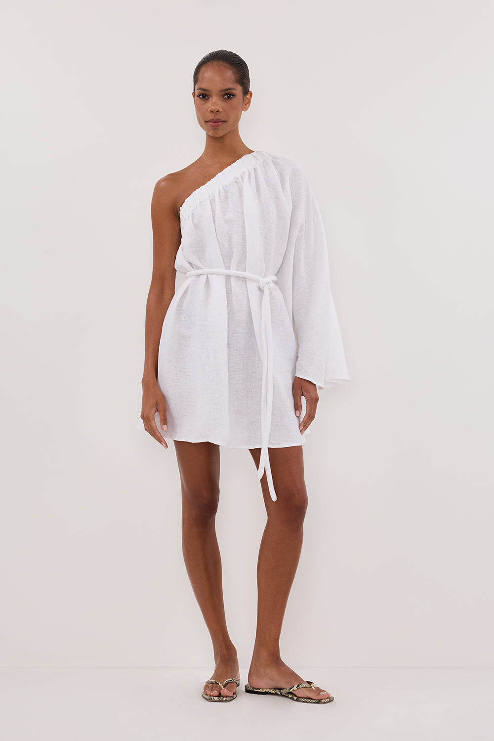 Aurelia White Linen Mini Dress with Asym Neckline & Flare Sleeves