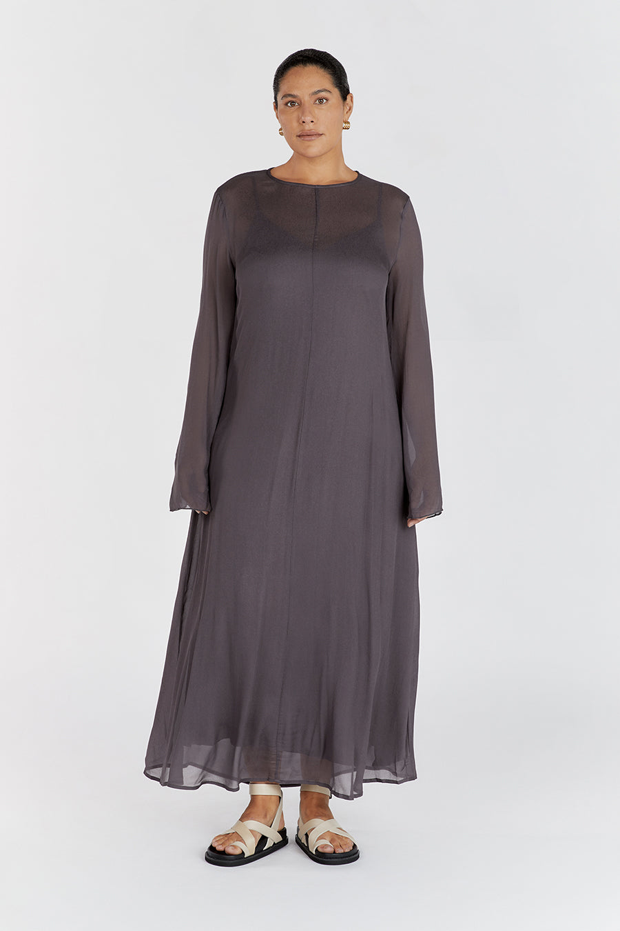 Mari Viscose Long Sleeve Midi Dress with Keyhole Back