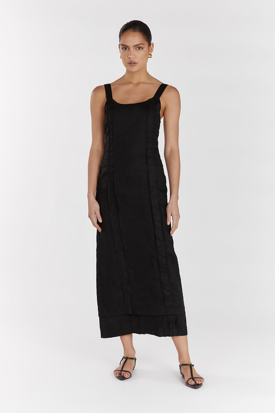 Black Linen Midi Dress with Fringe Detail – Sleeveless Scoop Neck