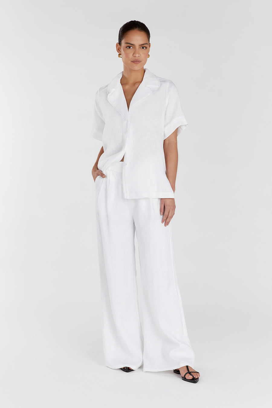 Women's White Linen Wide Leg Pants - High Waist & Fringe Detail