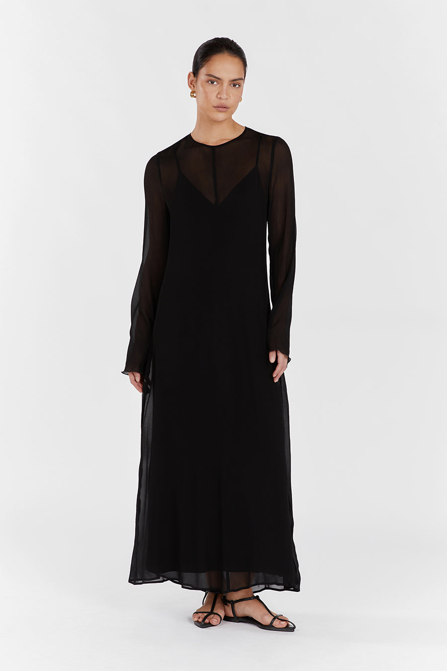Mari Black Viscose Long Sleeve Midi Dress with Keyhole Back