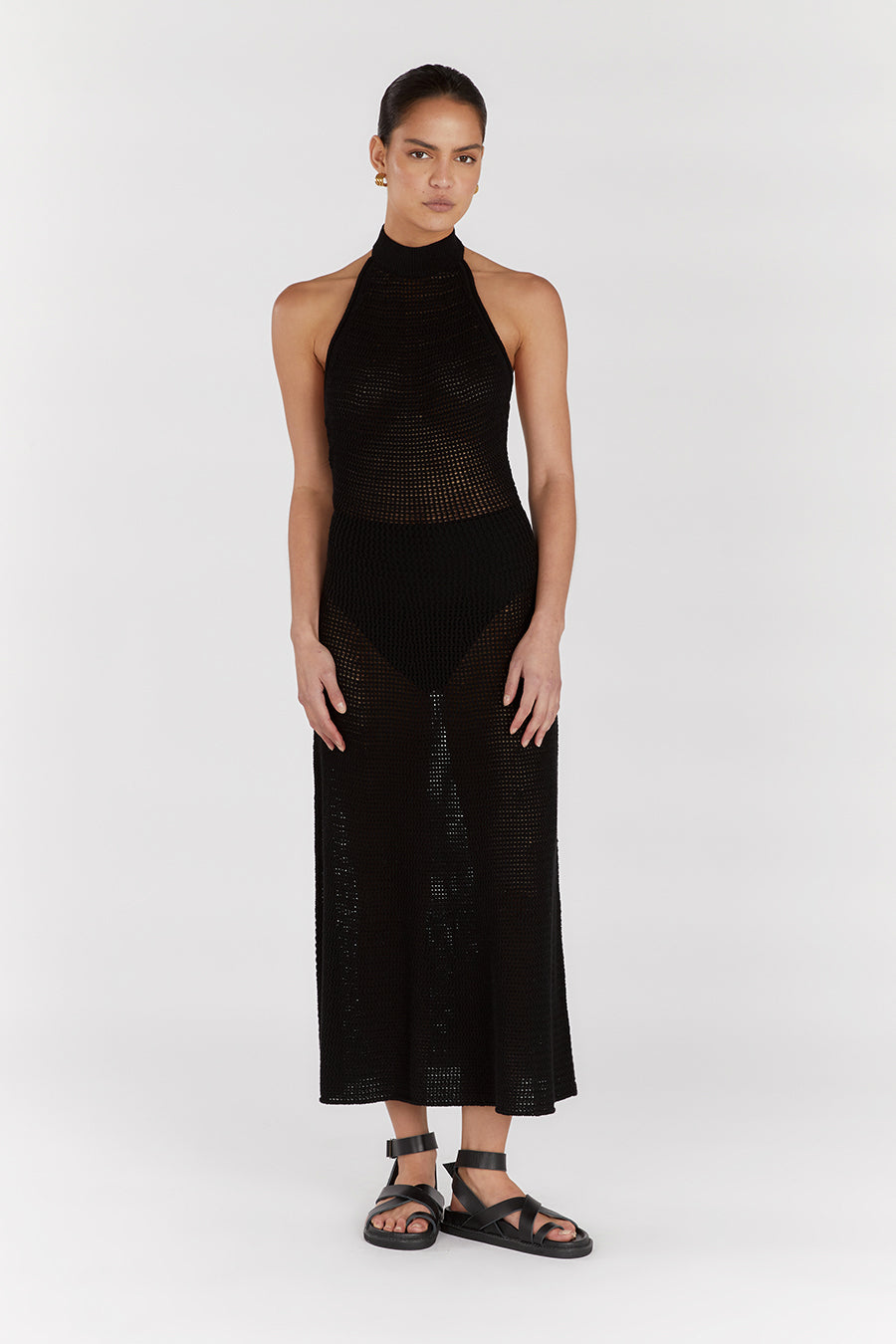 Zadie Black Crochet Halter Midi Dress - Sleeveless & Sheer