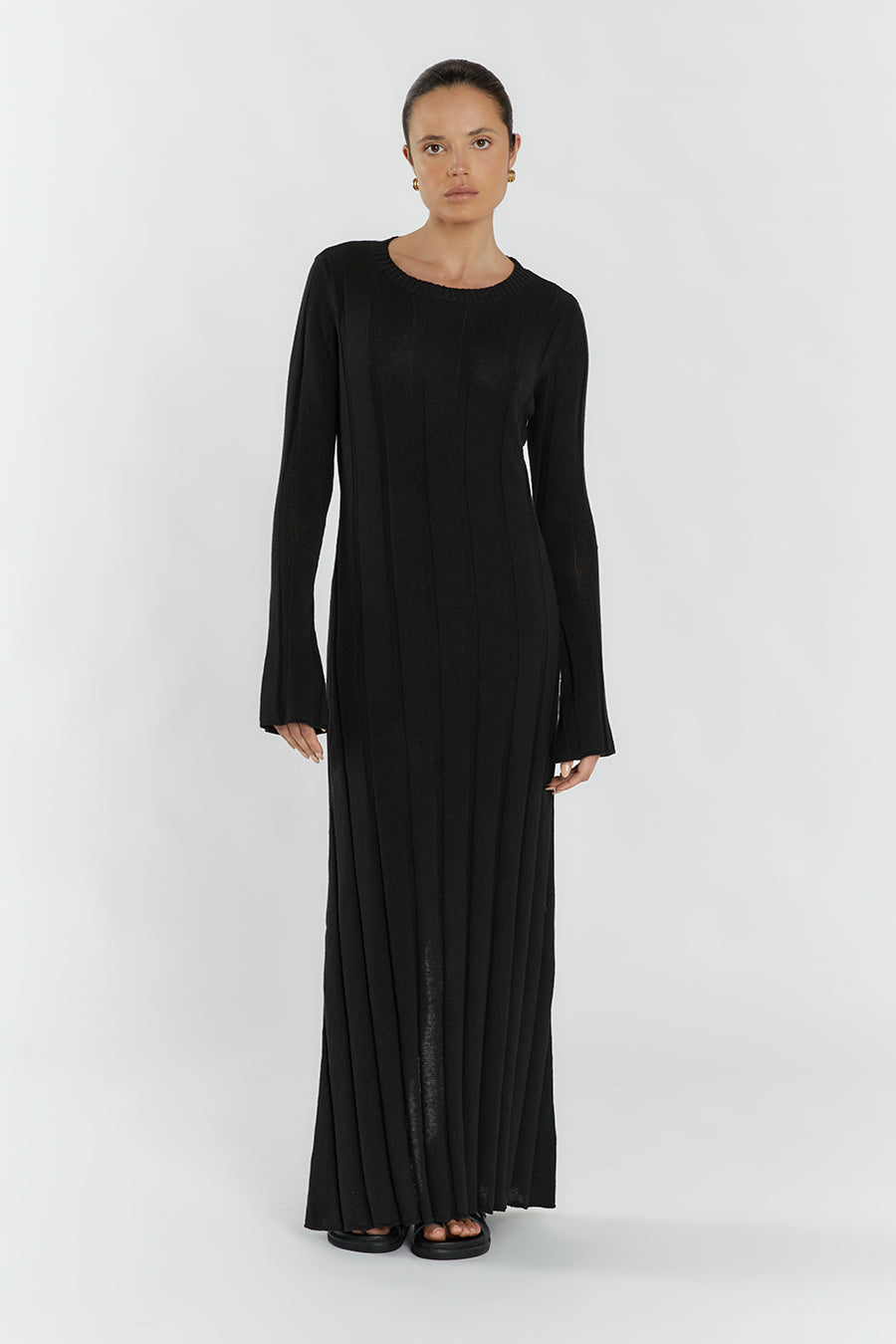 Black Long Sleeve Maxi Dress - Stretch Knit Fabric with Back Split