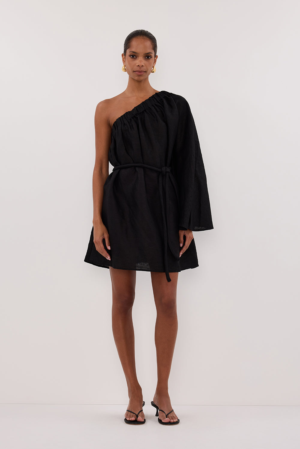 Aurelia Black Linen Mini Dress with Asym Neckline & Flare Sleeves
