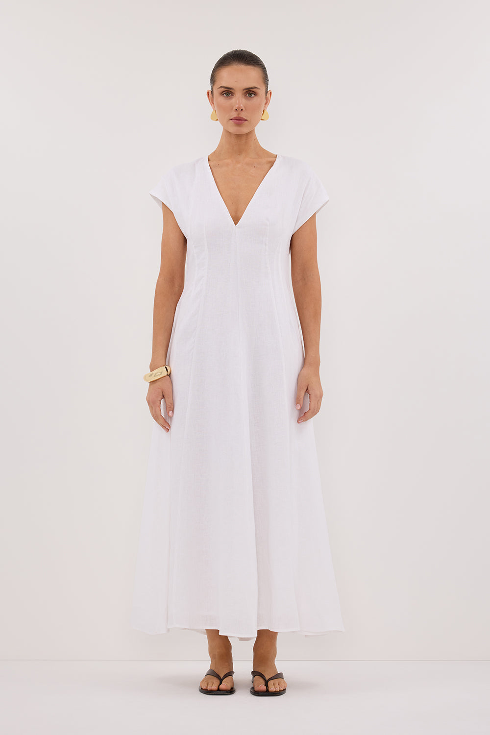 Matisse White Linen Midi Dress with V Neck & Pockets