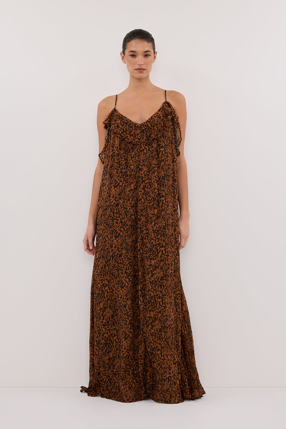 Terra Capri Rust Sleeveless V-Neck Maxi Dress with Frill Details