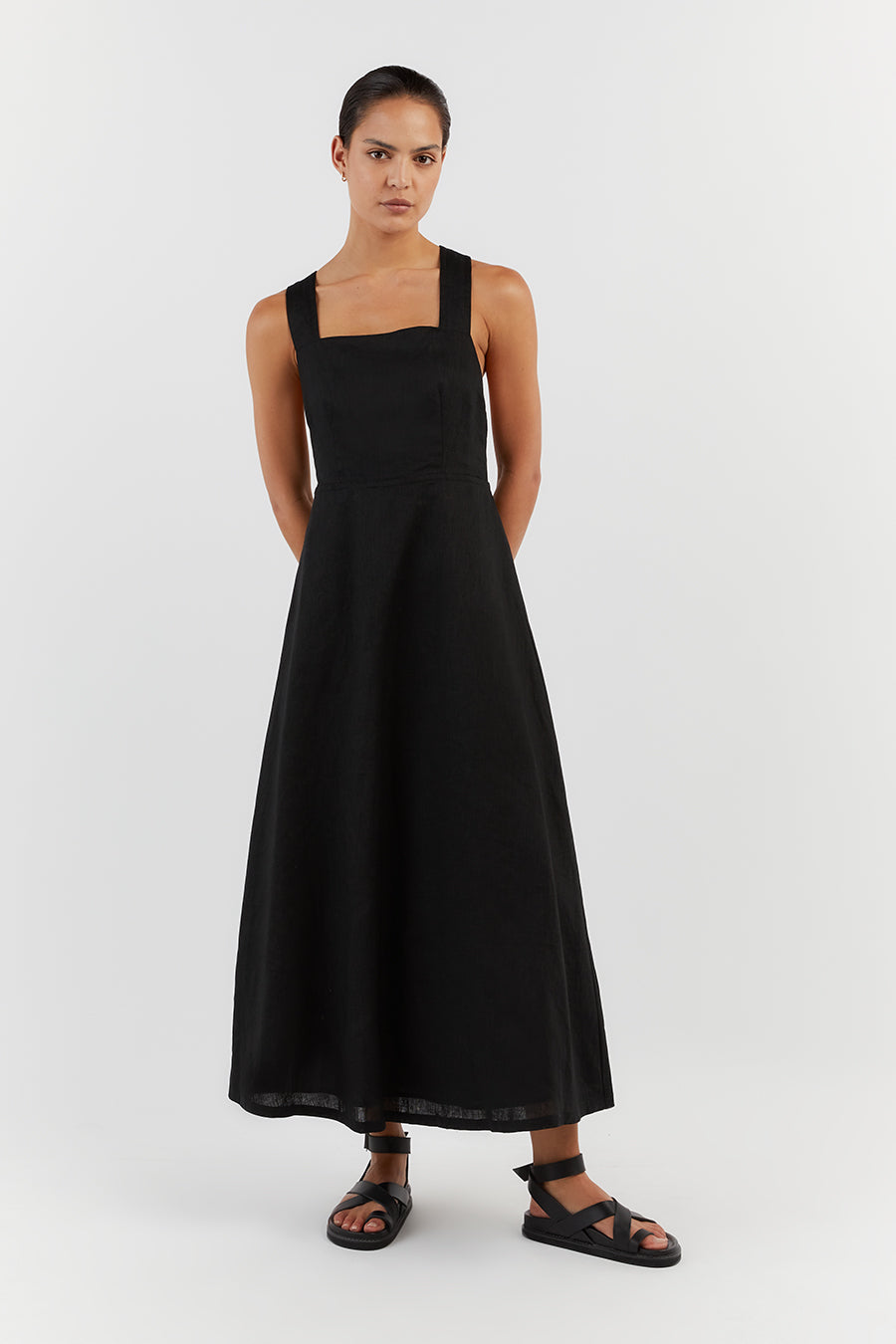 Zadie Black Linen Midi Dress with Pockets & Adjustable Straps