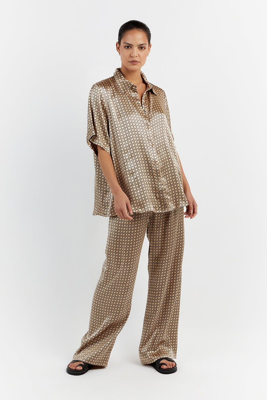 Lou Swirl Oversized Satin Shirt – Vacation Style Short Sleeve
