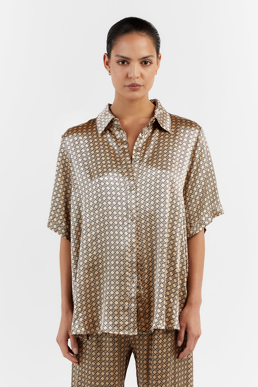 Lou Swirl Oversized Satin Shirt – Vacation Style Short Sleeve